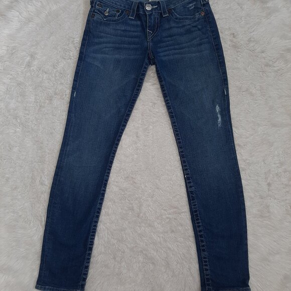 True Religion Women's Blue Skinny Flap Pocket Distressed Denim Jeans Size 26 - Picture 3 of 10